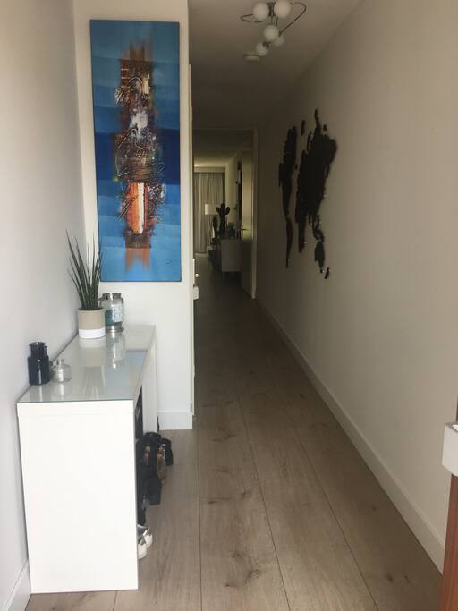 Long hallway with enough space for shoes and bags.