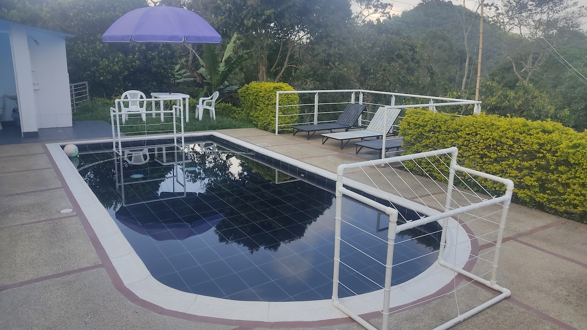 A private pool area is featured, surrounded by lush greenery and a concrete patio. Two lounge chairs are positioned near the pool edge, alongside a shaded umbrella for comfort. A small soccer goal is visible, inviting recreational activities. The pool's dark surface reflects the surrounding nature.