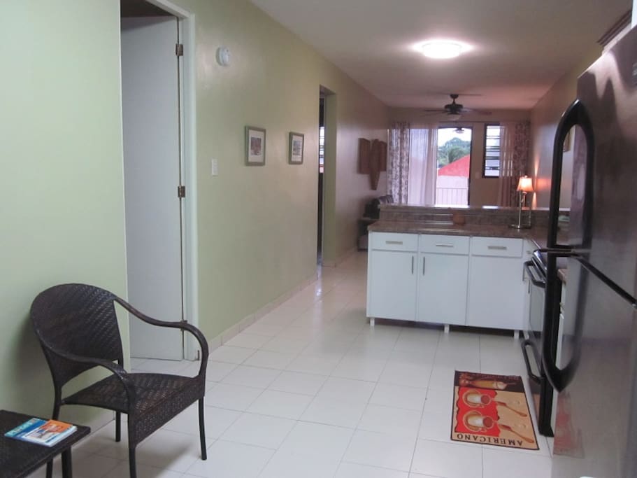 View looking into the condo from entrance door -- the kitchen, through to living room, to terrace