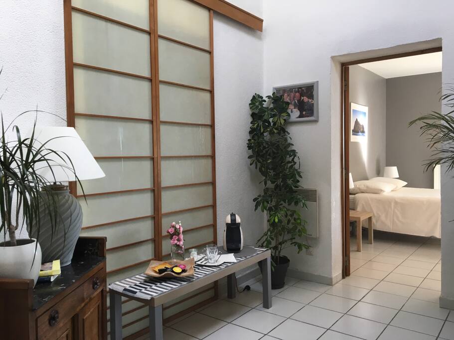 Private entry with coffee bar and snacks.