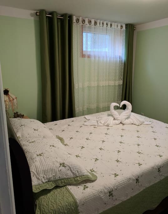 Green bedroom; there is closet on the right