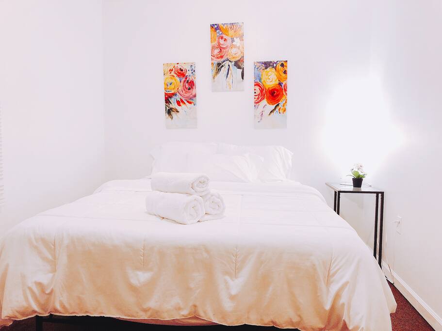 Fresh linen bed. We have bed-side table.