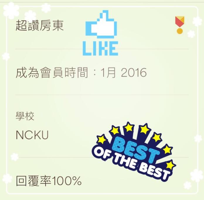 連續一年的「超讚房東」評價