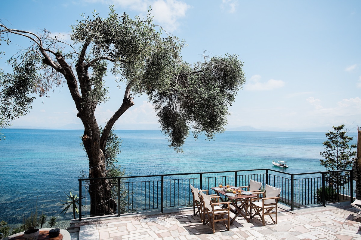A spacious outdoor terrace overlooks the shimmering sea, featuring a dining table surrounded by four chairs. A large olive tree provides shade, and the vibrant green-blue waters of the Ionian Sea stretch towards the horizon, with a small boat gently floating nearby.
