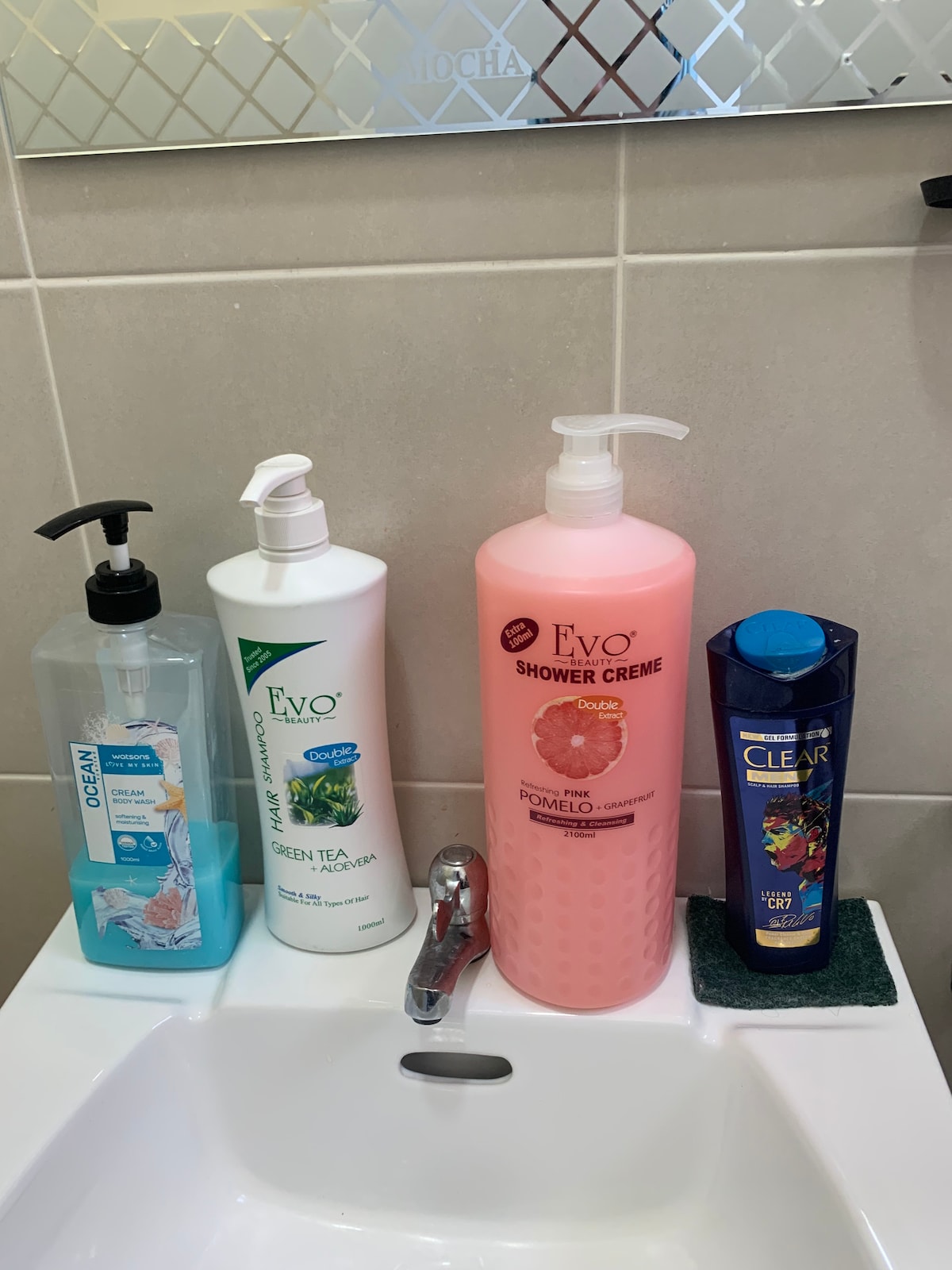 A sink area is depicted with four bottles of personal care products. From left to right, a blue pump bottle labeled 'Ocean' contains shampoo, a green pump bottle labeled 'Green Tea' is also shampoo, a large pink bottle labeled 'Evo Shower Creme' features a floral scent, and a dark blue bottle labeled 'Clear' contains body wash.