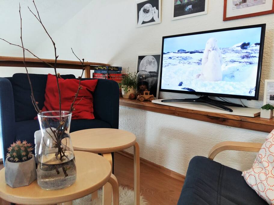 Upstairs living room equipped with a Smart TV with Netflix account and a tablet