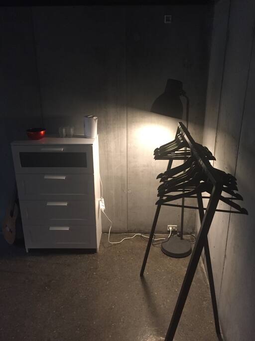 Close storage and hangers. Possibility for making coffee and tea