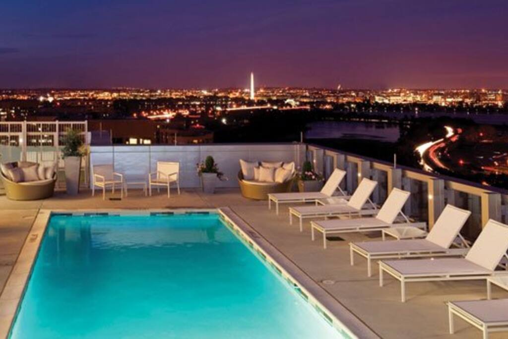 Pool and rooftop at night