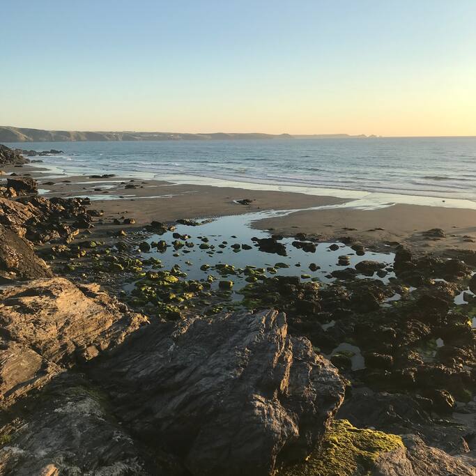 Our nearest beach, Tregardock, 20 min walk, low tide, summer 2018