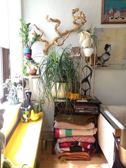 I have a plethora of vintage wool blankets but you won't need them because the radiators keep it super toasty here in the winter!