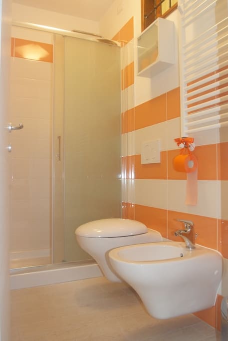 Il bagno privato con finestra e doccia rettangolare maxi.