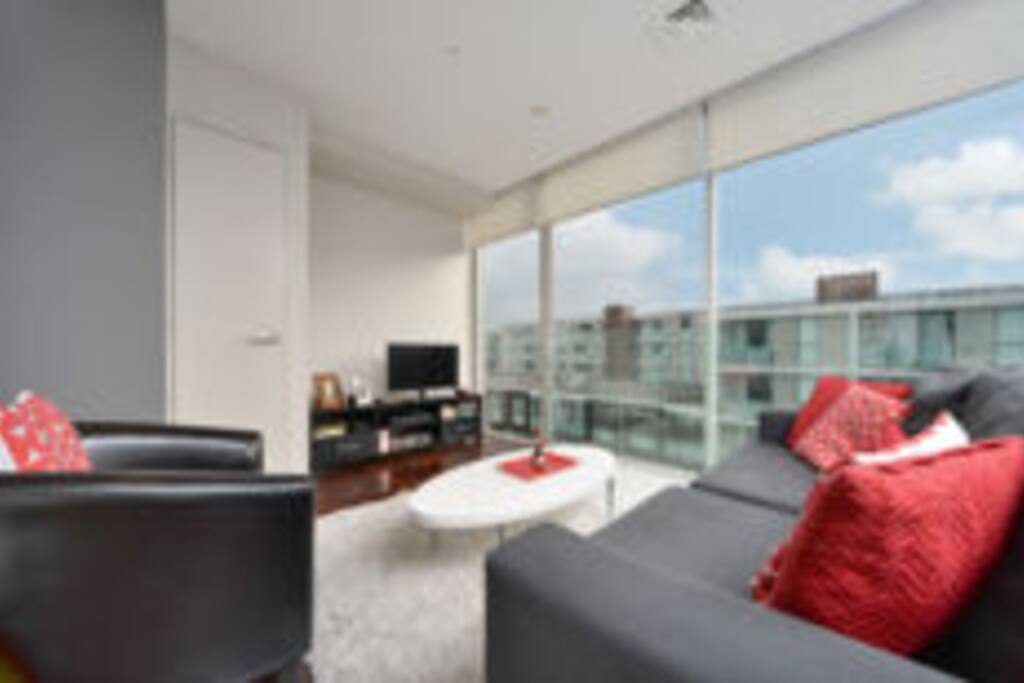Spacious lounge overlooking the water