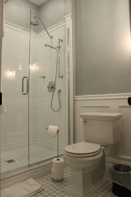 Take a shower under a vintage rain head.