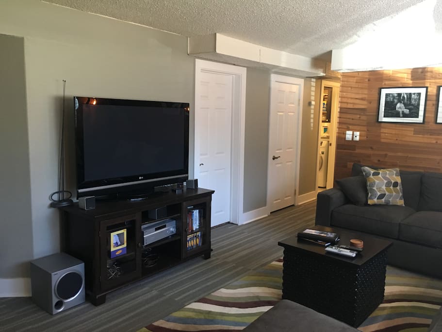 Large flat screen TV connected to Apple TV.