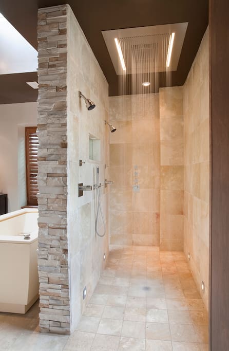 Shower area on right. Bathtub on left.