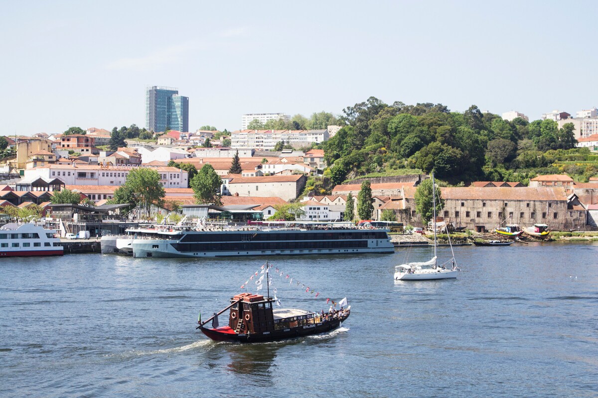 A scenic river view captures traditional boats floating on the water, along with modern vessels docked at the riverside. Colorful buildings line the riverbank, surrounded by lush greenery and distant modern structures, conveying a blend of Porto's rich heritage and contemporary life.