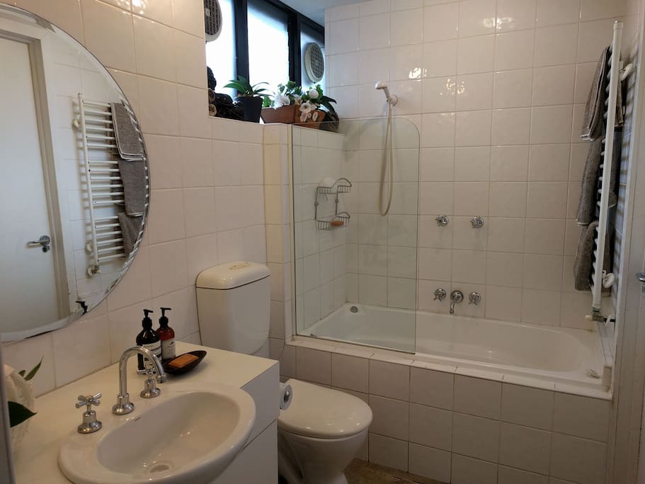 Ensuite with basin, shower, spa bath and toilet