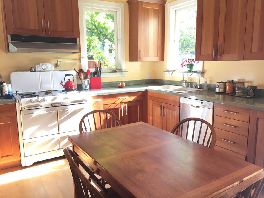 Big, sunny kitchen with table that seats up to 10