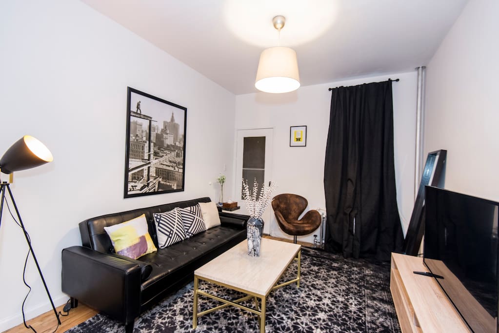 Stylish, spacious living room. Pull-out couch can sleep 2 comfortably