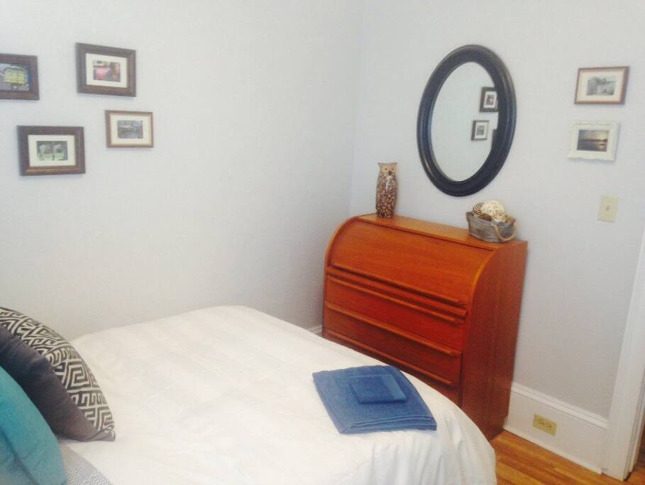 Dresser for storage, closet for hanging clothes.