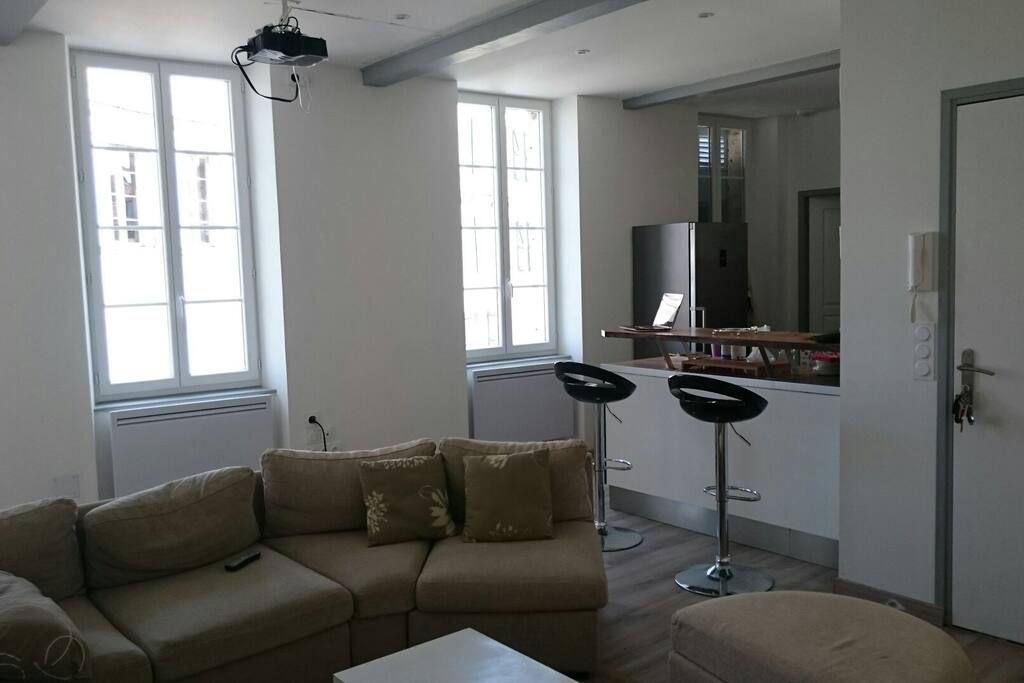 Salon lumineux avec vidéo projecteur.