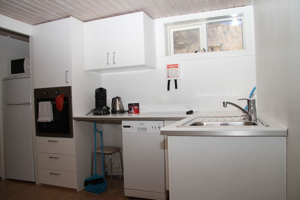 Kitchen with fridge, microwave, conventional oven, stove and dishwasher