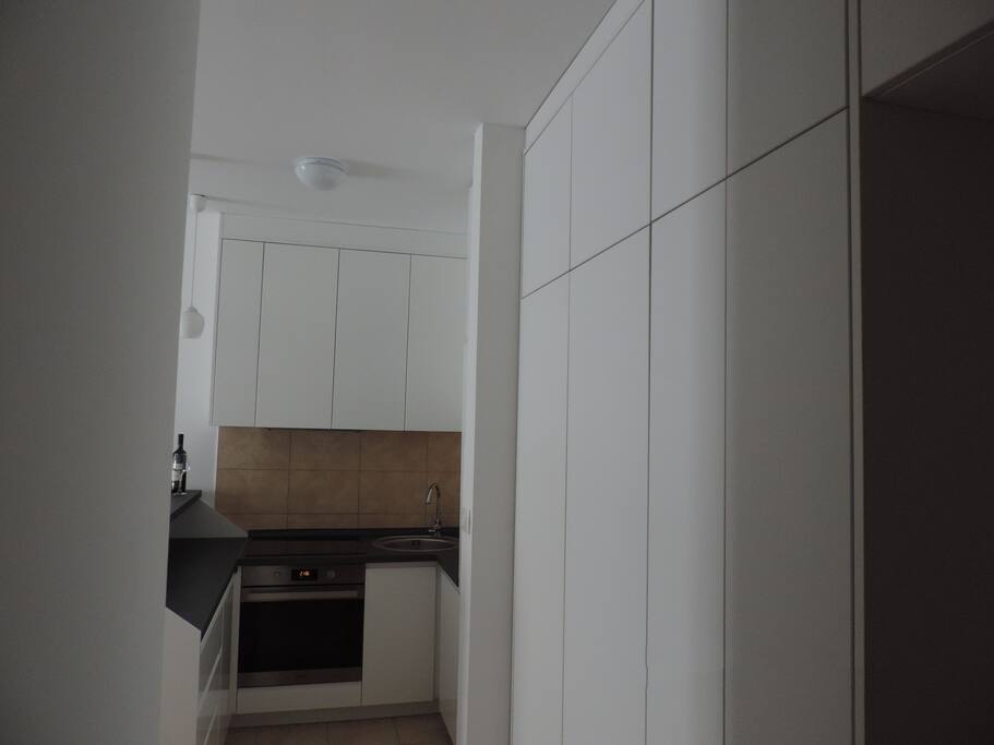 Right from the front door there is a kitchen, a dining table and left the living room with balcony.