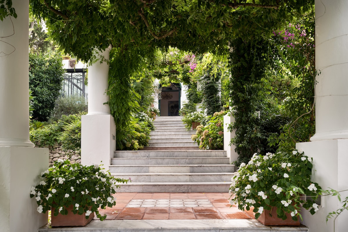 A grand entrance is framed by lush greenery, featuring a marble staircase leading to the villa's doorway. White flowers in planters add a touch of elegance beside the steps, while vines cascade over the columns, creating a serene and inviting atmosphere.