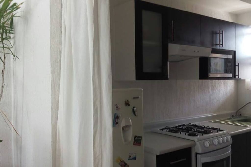 COCINA, EN ESTA ÁREA ESTA EQUIPADA CON COCINA INTEGRA, REFRIGERADOR, LICUADORA, MICROONDAS, UNA SEGUNDA MESA PERO ESTA PARA SEIS PERSONAS PARA DESAYUNAR Y OTROS MUEBLES DONDE RESGUARDAMOS UTENSILIOS DE COCINA QUE PUDIERAS REQUERIR