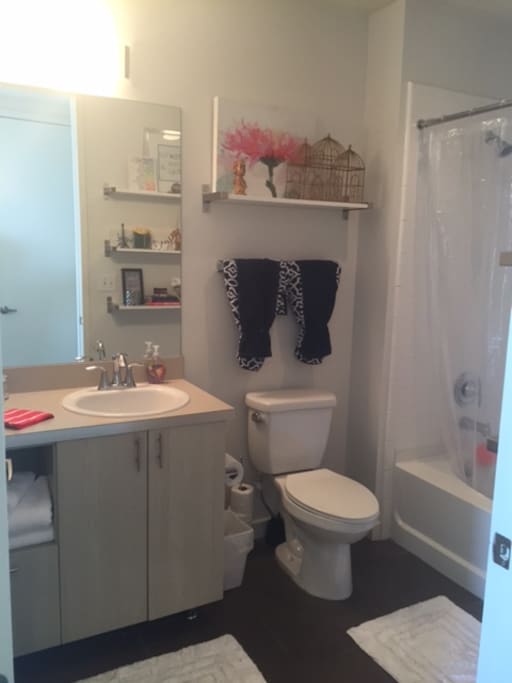 Spacious bathroom with fresh towels.