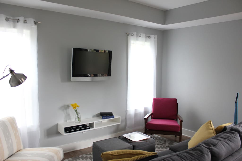 Living room with sofa that expands to queen size bed.