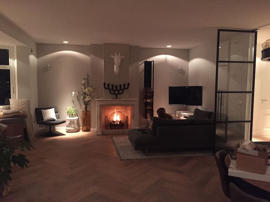 Living room with fireplace, open kitchen and TV with Netflix