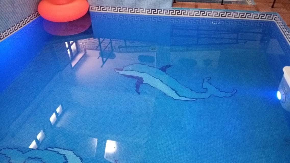 An indoor swimming pool is featured, with colorful tiles creating an image of a dolphin at the bottom. Soft blue lighting enhances the serene atmosphere. An orange float is visible, adding a touch of color to the clear water.