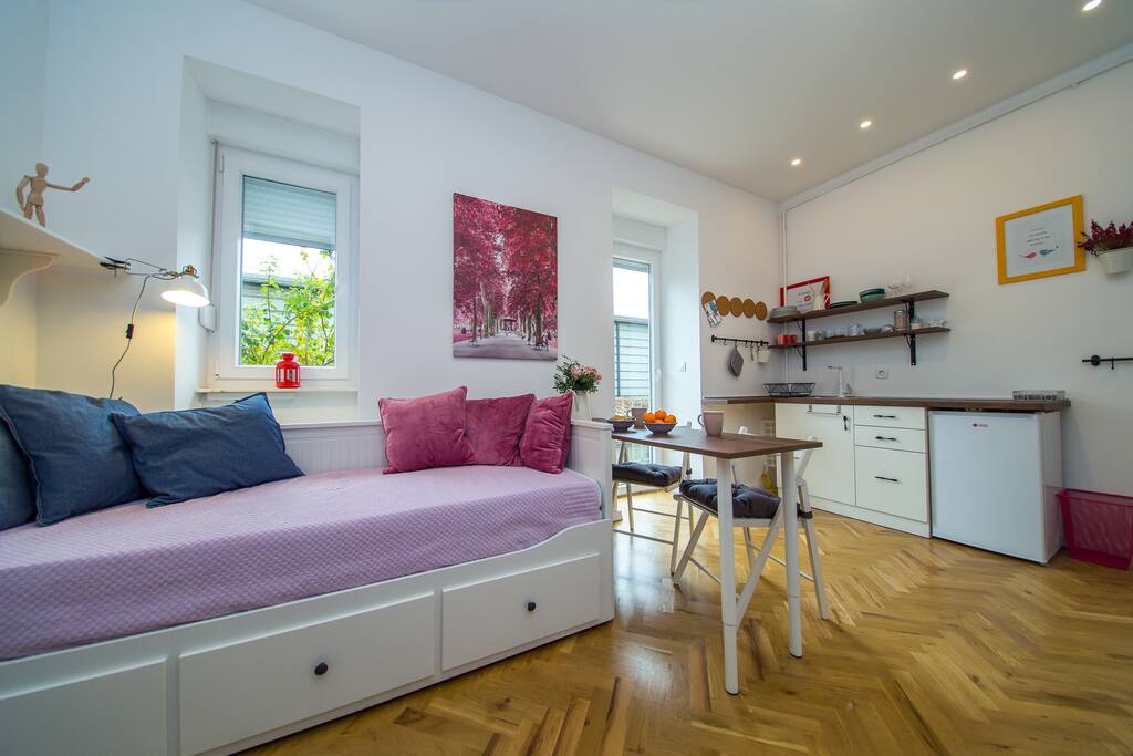 Studio room 42 is equipped with small kitchen.
Bed is suitable for 1 or 2 persons (transformable)