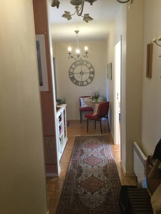 Entrée, a droite salon et balcon, a gauche les chambres et SdB, en face cuisine et toilettes.