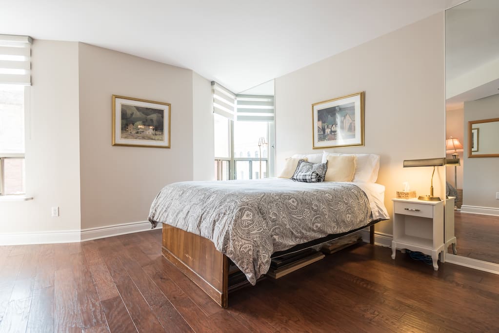 Spacious guest room with Queen size bed, 600 count Egyptian cotton sheets and down duvet.