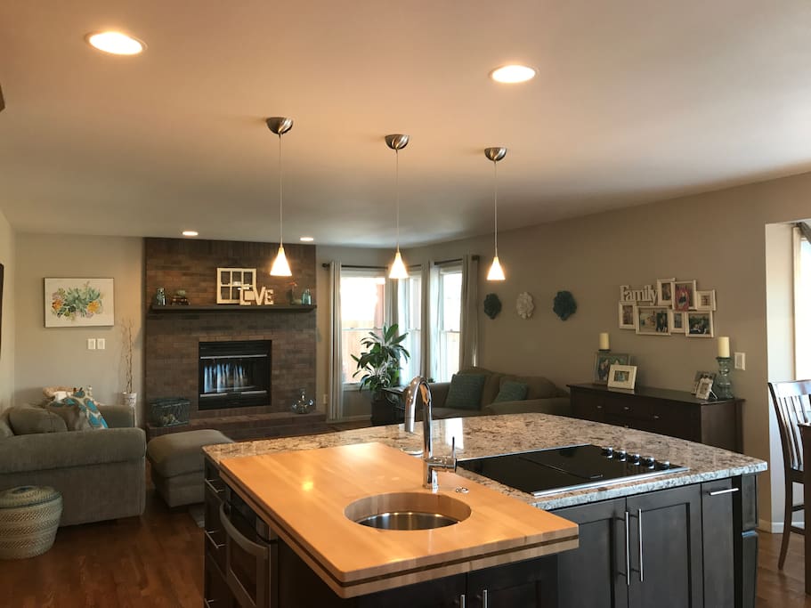 Open kitchen with gas fireplace