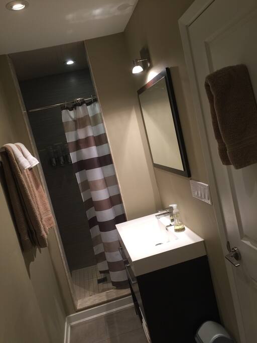 Full bathroom with shower, there is soap, shampoo and conditioner provided in the shower