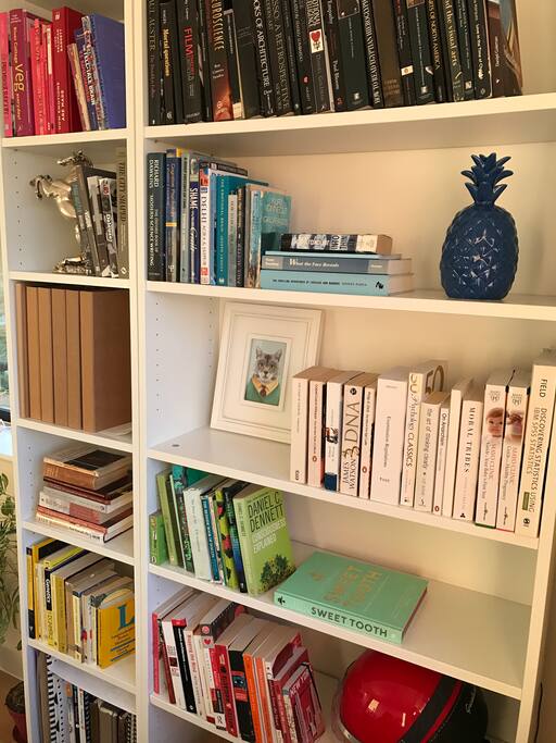 All the wonderful books you may read while staying with us (living room view)