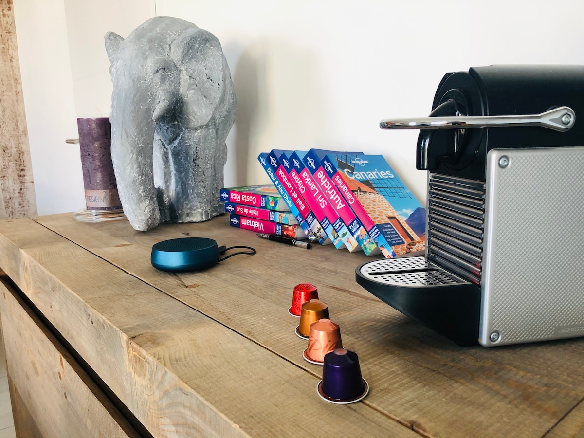 A wooden table displays a coffee machine alongside three colorful coffee capsules. Travel guides about the Canary Islands are neatly arranged beside a decorative stone sculpture of an owl. The setting is bright and inviting, reflecting a travel-friendly atmosphere.
