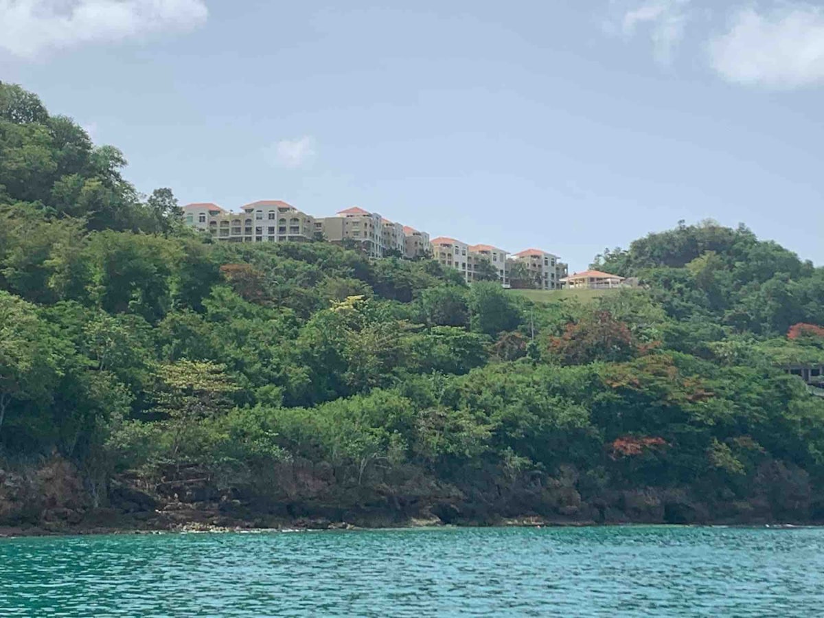 A multi-storied building is observed on a lush hillside, surrounded by vibrant greenery. The structure blends with the natural landscape under a clear blue sky, showcasing a tropical setting next to calm turquoise waters.