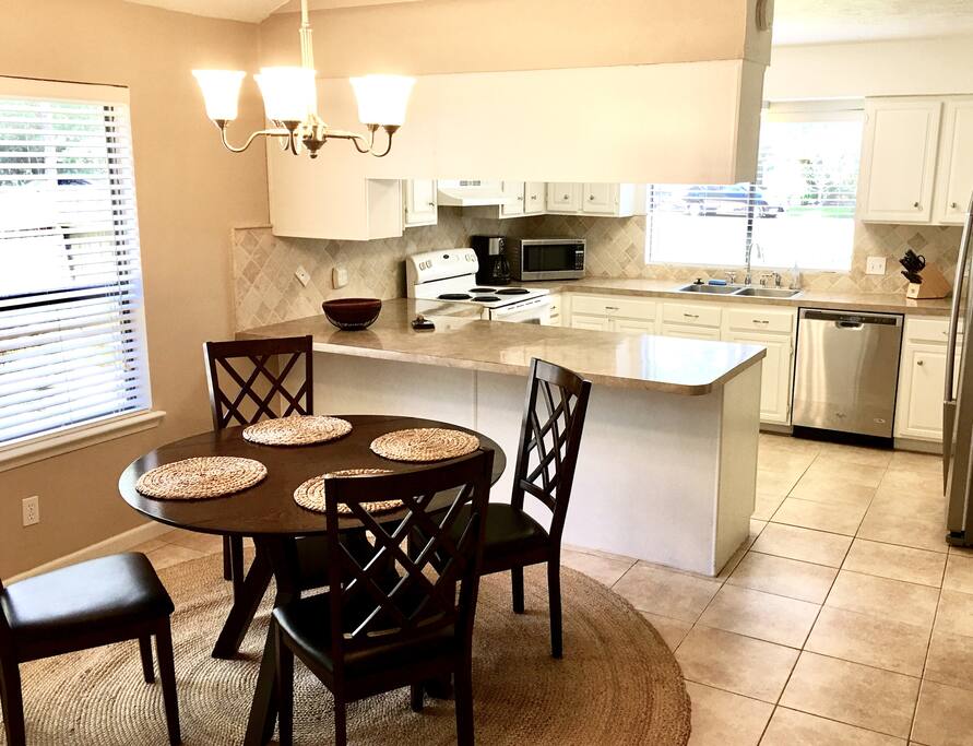 The kitchen is stocked with everything you will need to cook and serve at home!