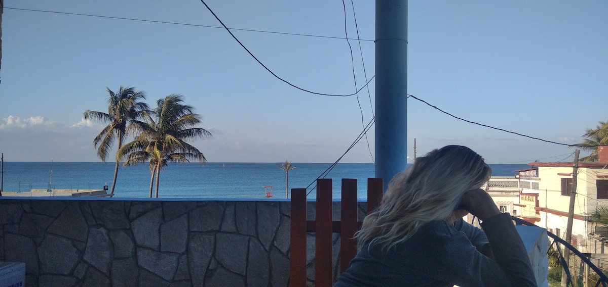 A view from a terrace showcases the expansive sea meeting a clear blue sky. Palm trees sway gently in the breeze. The distant horizon features a glimpse of boats, while nearby buildings provide a coastal town atmosphere.
