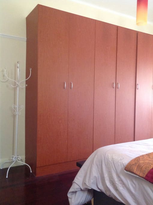 Build in wardrobe stores shoes luggage bags and clothes on hangers