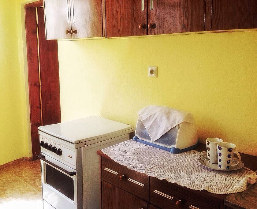 Кухня на первом этаже, с большим современным холодильником/The kitchen downstairs, provided also with a big fridge