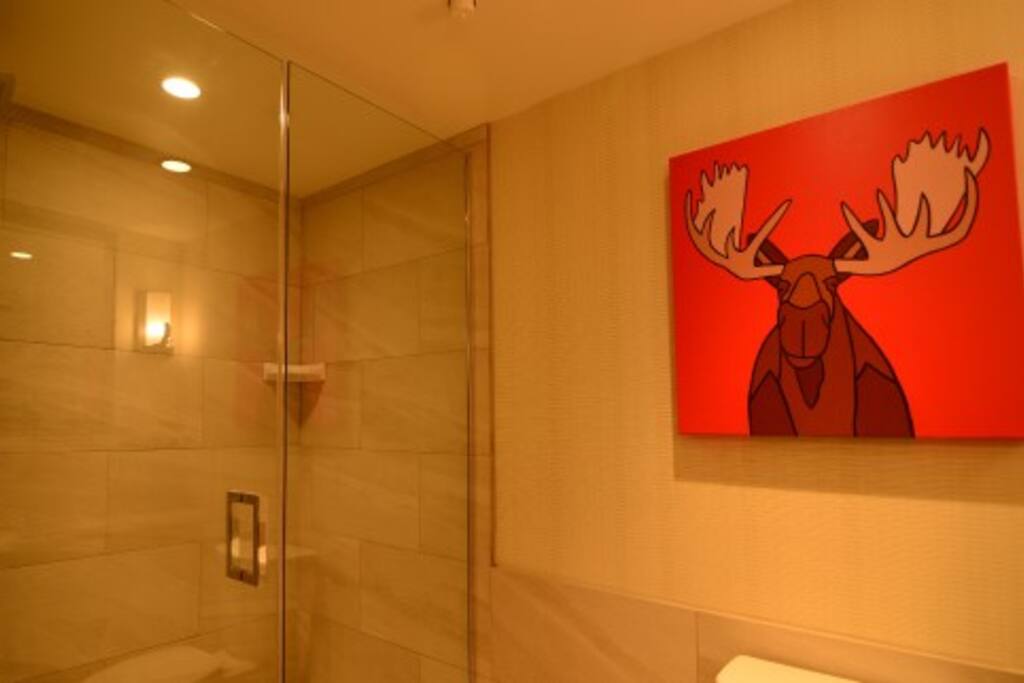 The large shower features a deluxe Mountain Rain Showerhead.