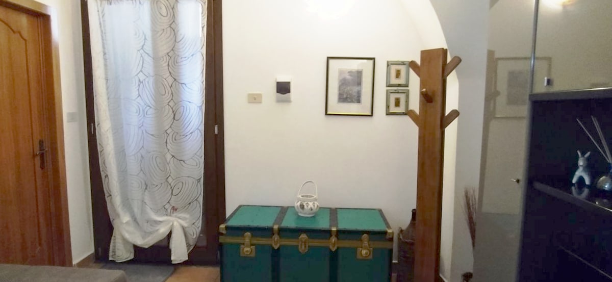 An entryway features a green trunk with brass accents, providing storage and a decorative element. A wooden coat rack stands nearby, while framed artwork and a photograph adorn the wall. Soft natural light filters through a sheer curtain, enhancing a welcoming ambiance.