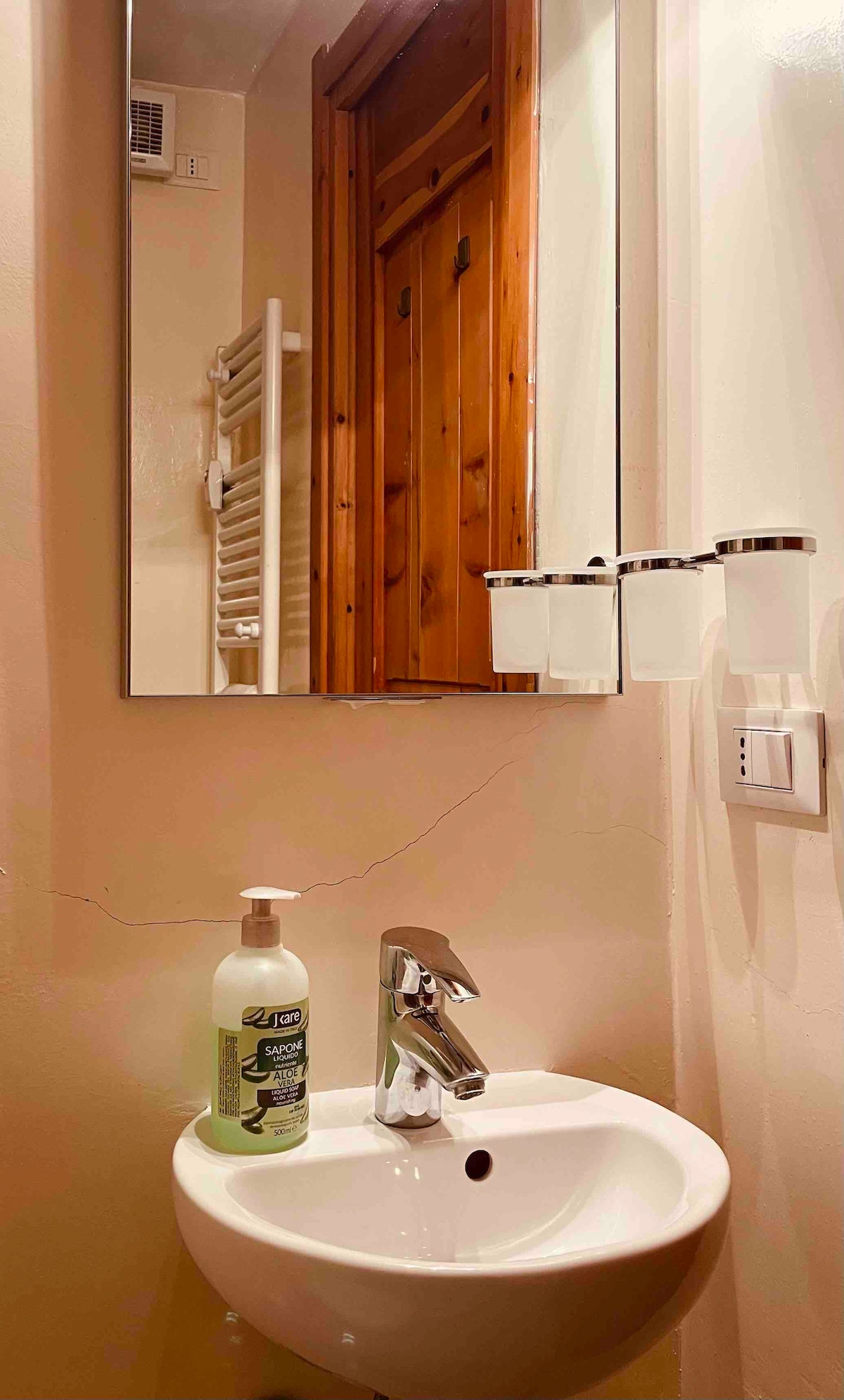 A compact and well-maintained bathroom features a modern sink with a chrome faucet and a large wall-mounted mirror. The wall showcases wooden accents, and the space includes a wall-mounted towel radiator. A bottle of liquid soap is placed next to the sink.