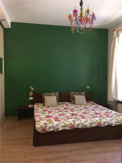 Bedroom with Queen size bed. Windows are facing the street but it is about 30 m away and not too noisy. Cars can be parked on our land near the windows.