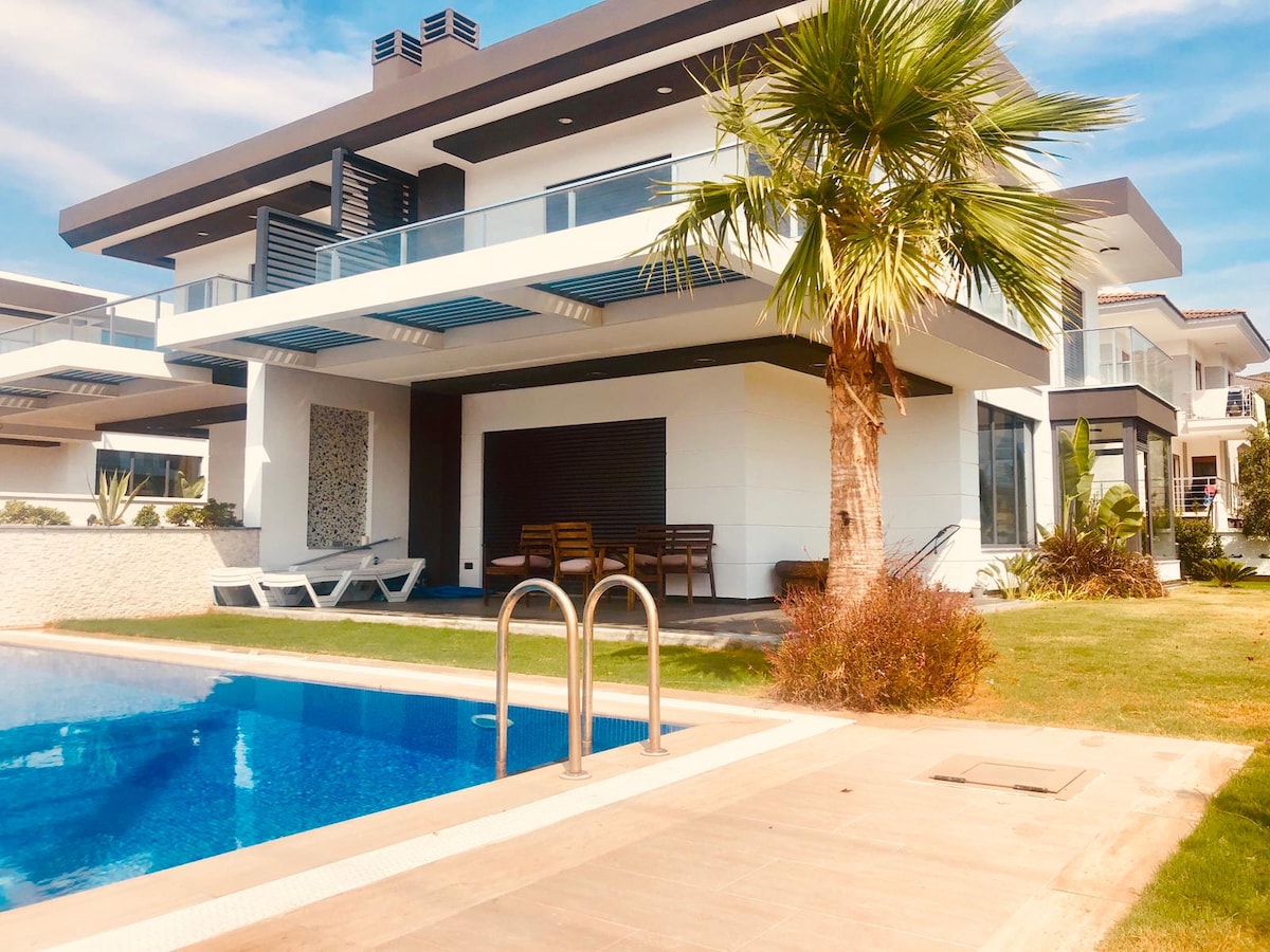 A modern villa is presented with a private pool and lush greenery. The outdoor area features lounging chairs and a dining set under a covered patio. Large glass windows provide an open, airy feel, while a palm tree adds a touch of nature to the space.